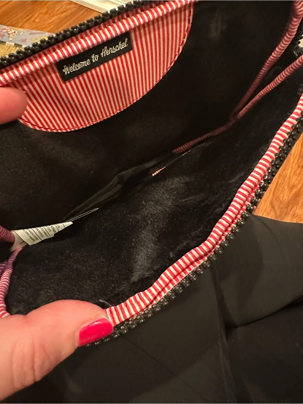 Herschel Black Zip Pouch with Red-White Stripe Lining